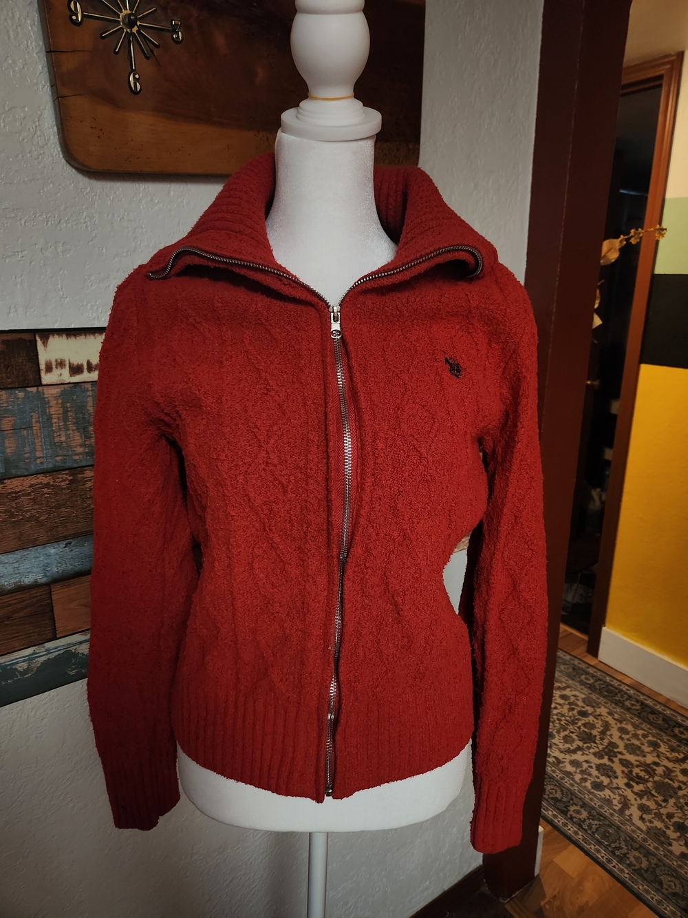 U.S. Polo Assn. Cable Knit Zip-Up Sweater Jacket - Rust Red